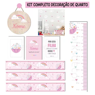 Kit 3 Quadros Chuva de Amor + 3 Faixas Adesivas + 3 Faixas + Enfeite de Porta + Régua + Adesivos De Parede