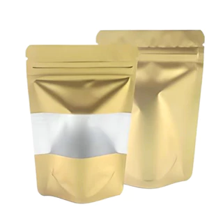 SACO METALIZADO DOURADO C/ VISOR STAND UP POUCH C/25 (12X20)