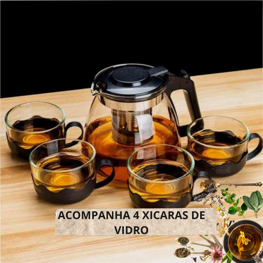 Kit Chaleira Bule Infusor Inox 1L e 4 Xícaras Vidro Chás