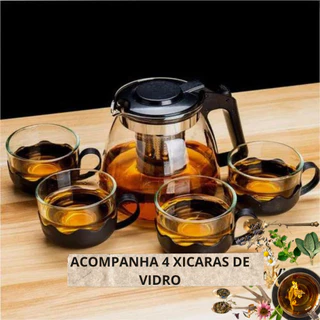 Kit Chaleira Bule Infusor Inox 1L e 4 Xícaras Vidro Chás