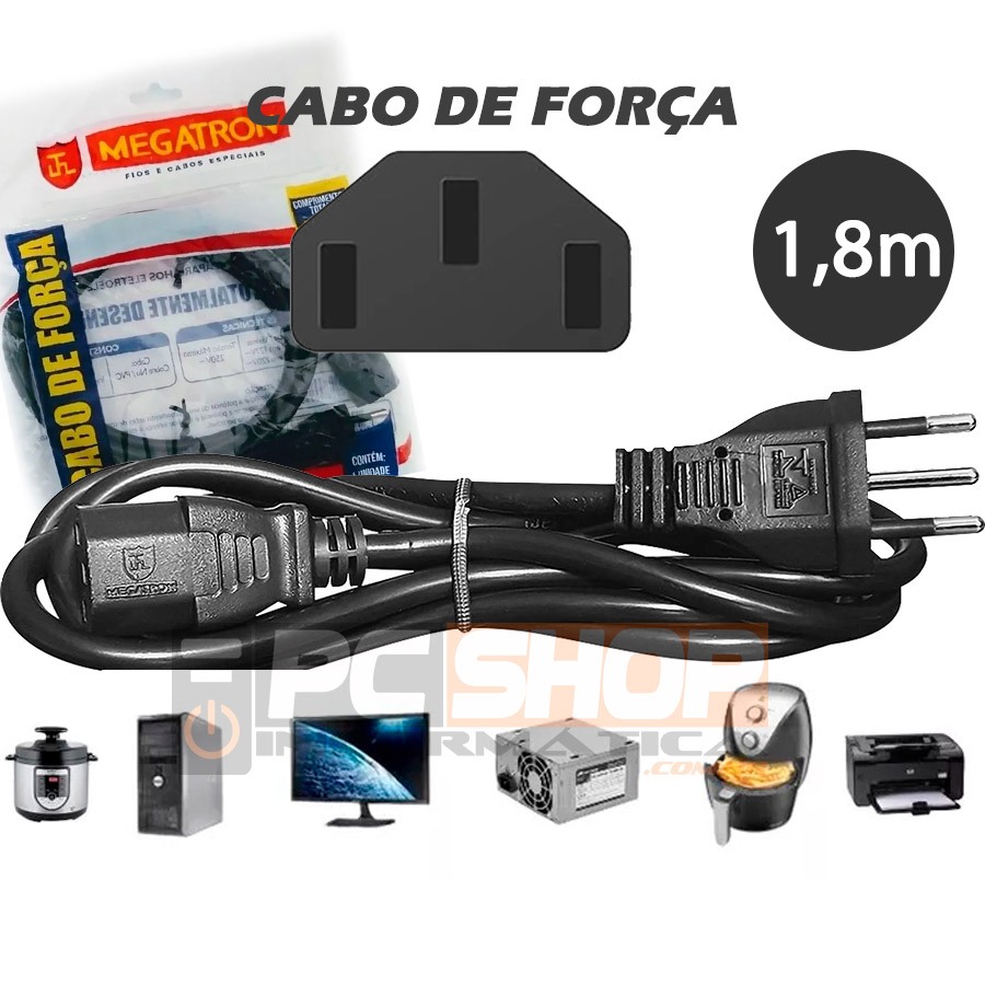 Cabo de Força para Panela Elétrica/PC/Fonte ATX/Monitor Megatron Novo Padrão 2P+T 10A 250V com 1,80 Metros