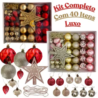 Enfeites de Natal Kit 40 Itens de Luxo Bolas Pinhas Coração Estrela Dourado, Vermelho, Rose Completo