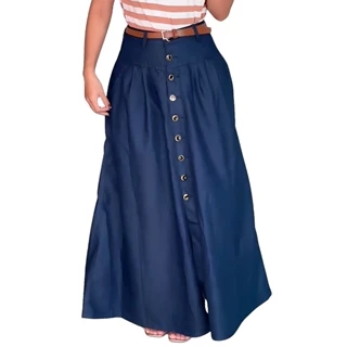 Saia Feminina Moda Evangélica Longa Jeans Cintura Alta Moderna Confortável Elegante + Cinto De Couro