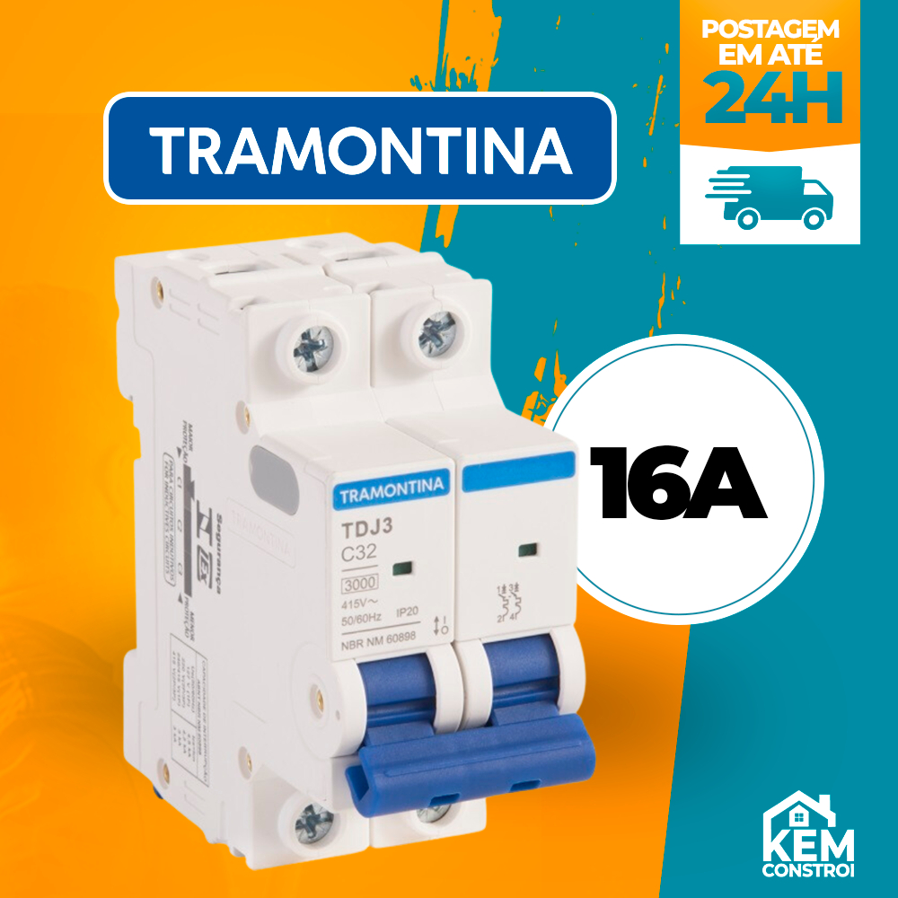Disjuntor Din Bipolar de Curva C Tramontina 16 Amperes