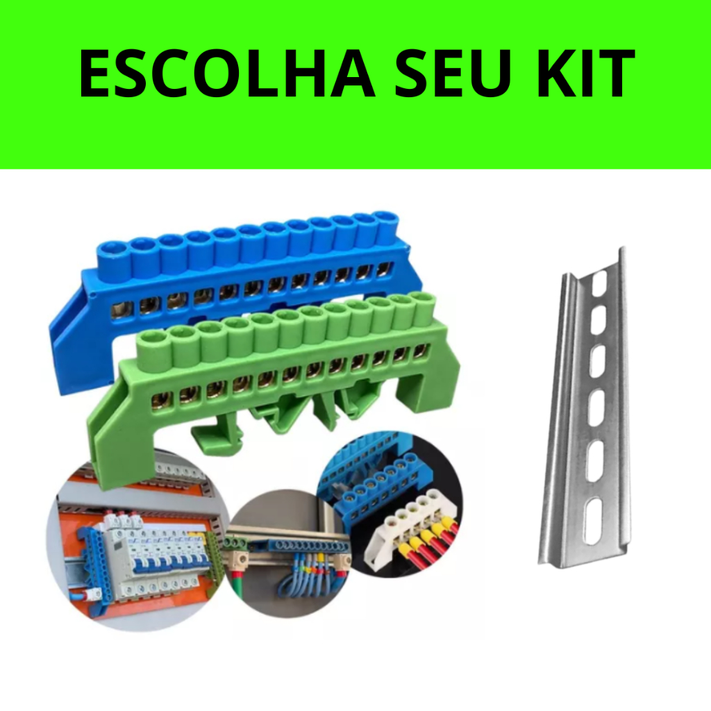 KIT BARRAMENTO BORNE NEUTRO/TERRA ISOLADO 12 FUROS TRILHO DIN 10 CM