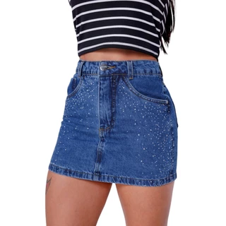 Mini Saia Jeans Pedraria Strass Brilho Aplicação Moda Feminina