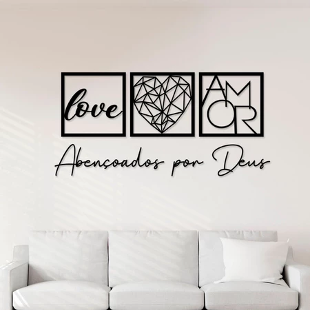 Kit com 3 Quadros Decorativos Frase Abençoados por Deus Decoração para Sala e Quarto em mdf