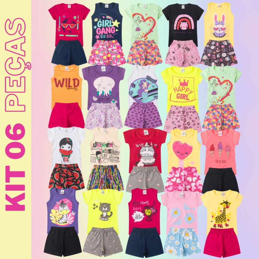 Roupa Infantil Menina Kit 6 Peças Verão 1 ao 16 Conjunto Feminino Criança Pronta Entrega