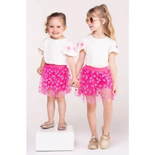 Conjunto Infantil Menina Rosa Flores com Tule