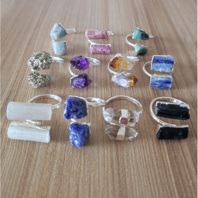 Anel de pedra natural legítima, aro ajustável, banhado a prata e outro, acessórios femininos. | Shopee Brasil