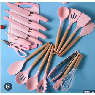 Kit Completo Jogo Utensílios de Cozinha Luxo 19 Peças Com Tábua em Silicone Espátula Faca Tesoura