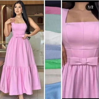 Vestido feminino longo com bojo / De alça larga / Detalhe em laço na frente / Vestir qualquer ocasião em Oferta na Shopee