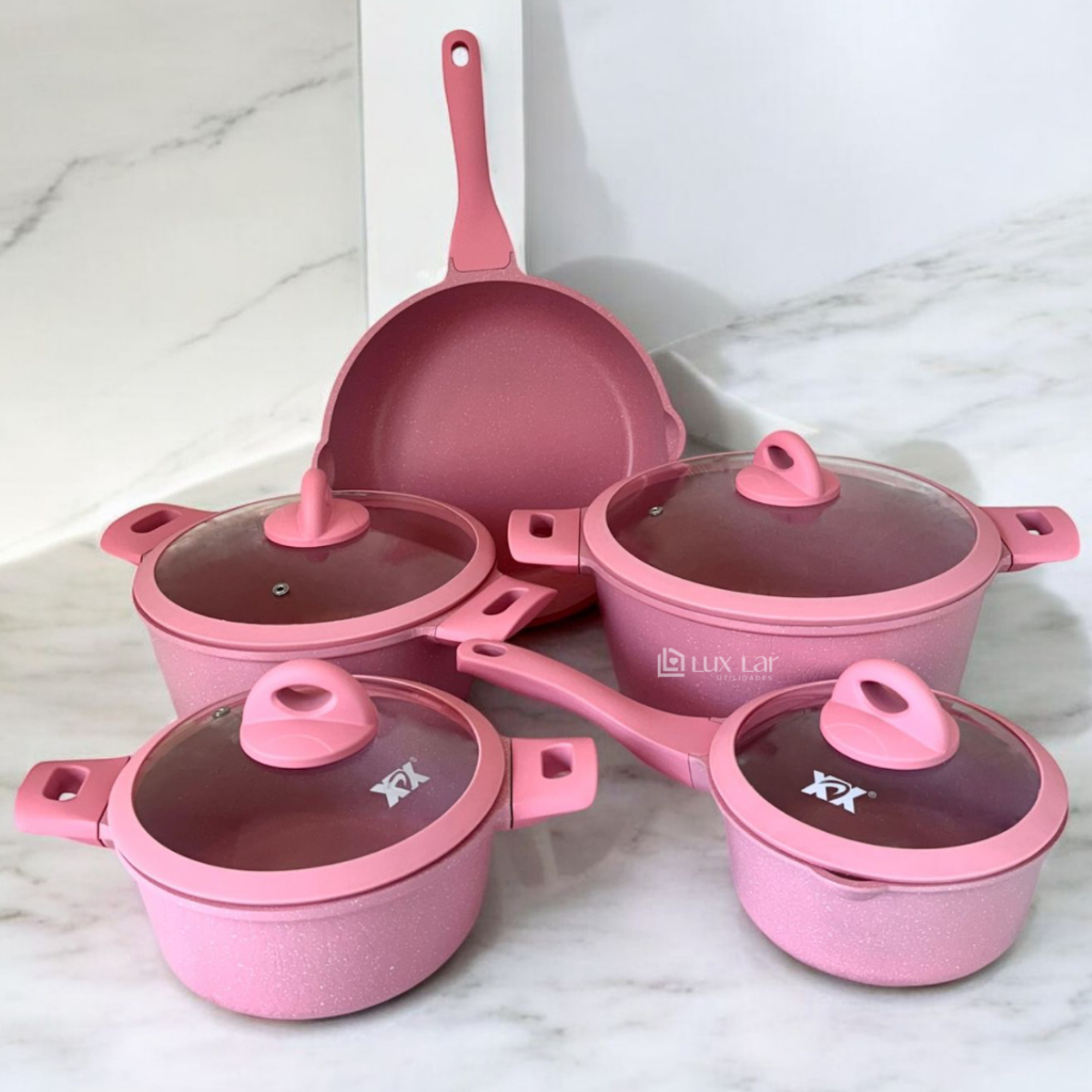 Jogo de Panelas Antiaderente Cerâmica Rosa 5 peças Tampa de vidro Indução ou Gás Moderna