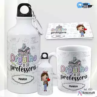 Kit Caneca Personalizada + Garrafa Dia dos Professores Professor Professora de Água Squeeze