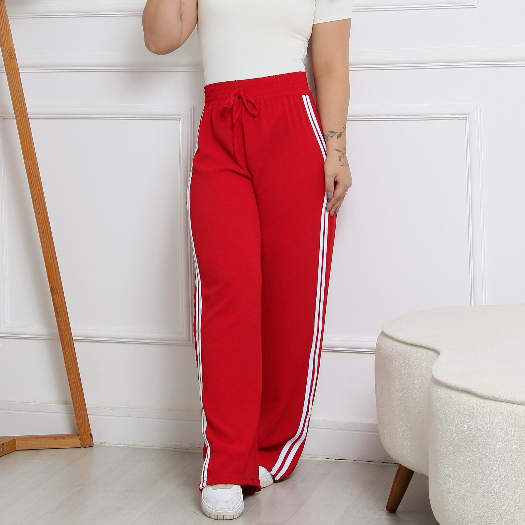 Calça Feminina Pantalona de Listras Duplas Modelo Blogueira Cintura Elástica Listrada