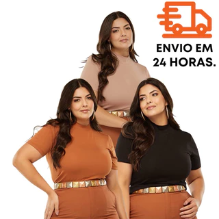 Blusa Lisa Gola Alta Plus Size Estilosa Malha Elegante