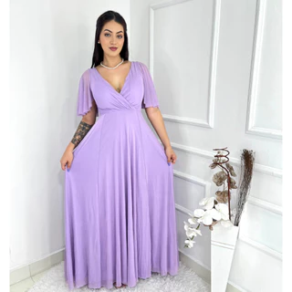 vestido longo de festa lisa tule decote V manga curto 0978 em Oferta na Shopee