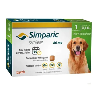Anti Pulgas e Carrapatos Simparic Cães de 20,1 a 40 Kg - 80 Mg 01 Comprimido - Zoetis