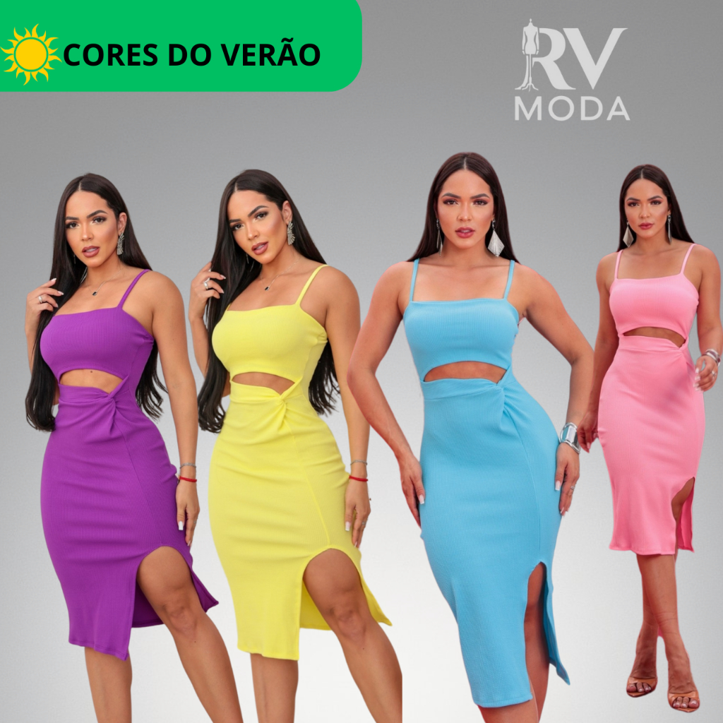 Vestido Feminino Midi com Fenda de Alcinha Anarruga Canelado Tubinho Longo (Verão 2025) PROMOÇÃO