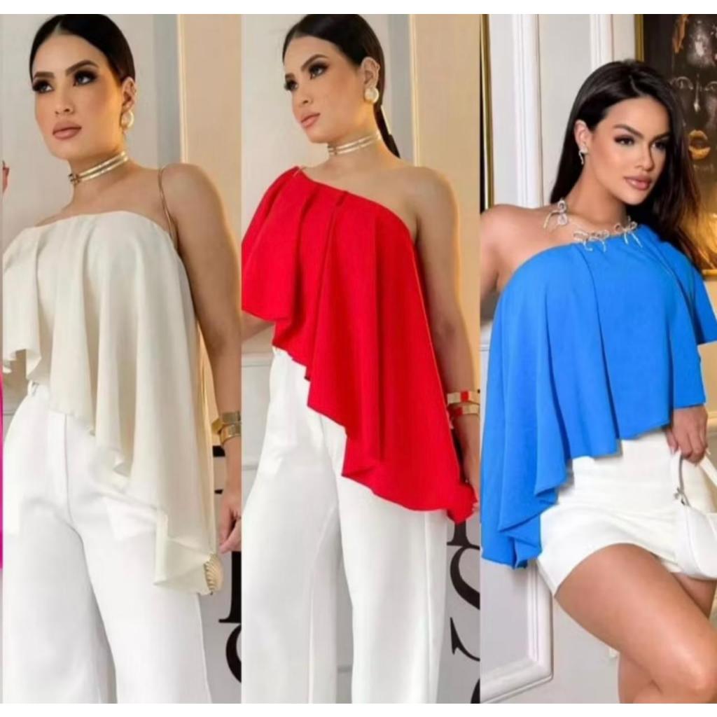 Blusa Cropped Feminina Fabiana Manga Só Soltinha na Parte da Frente Super Elegante Moda Verão.