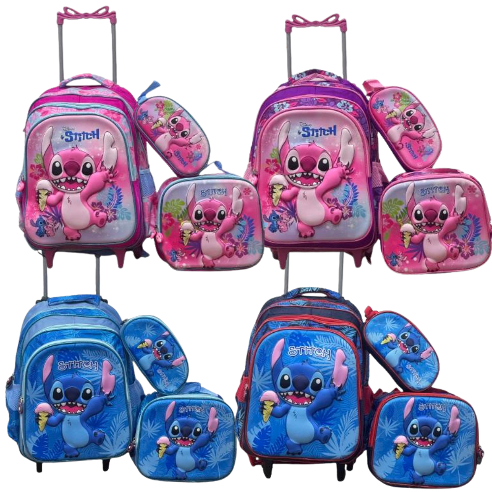 Kit Mochila Stitch 3D Escolar Feminina e Masculina com Lancheira Térmica e Estojo