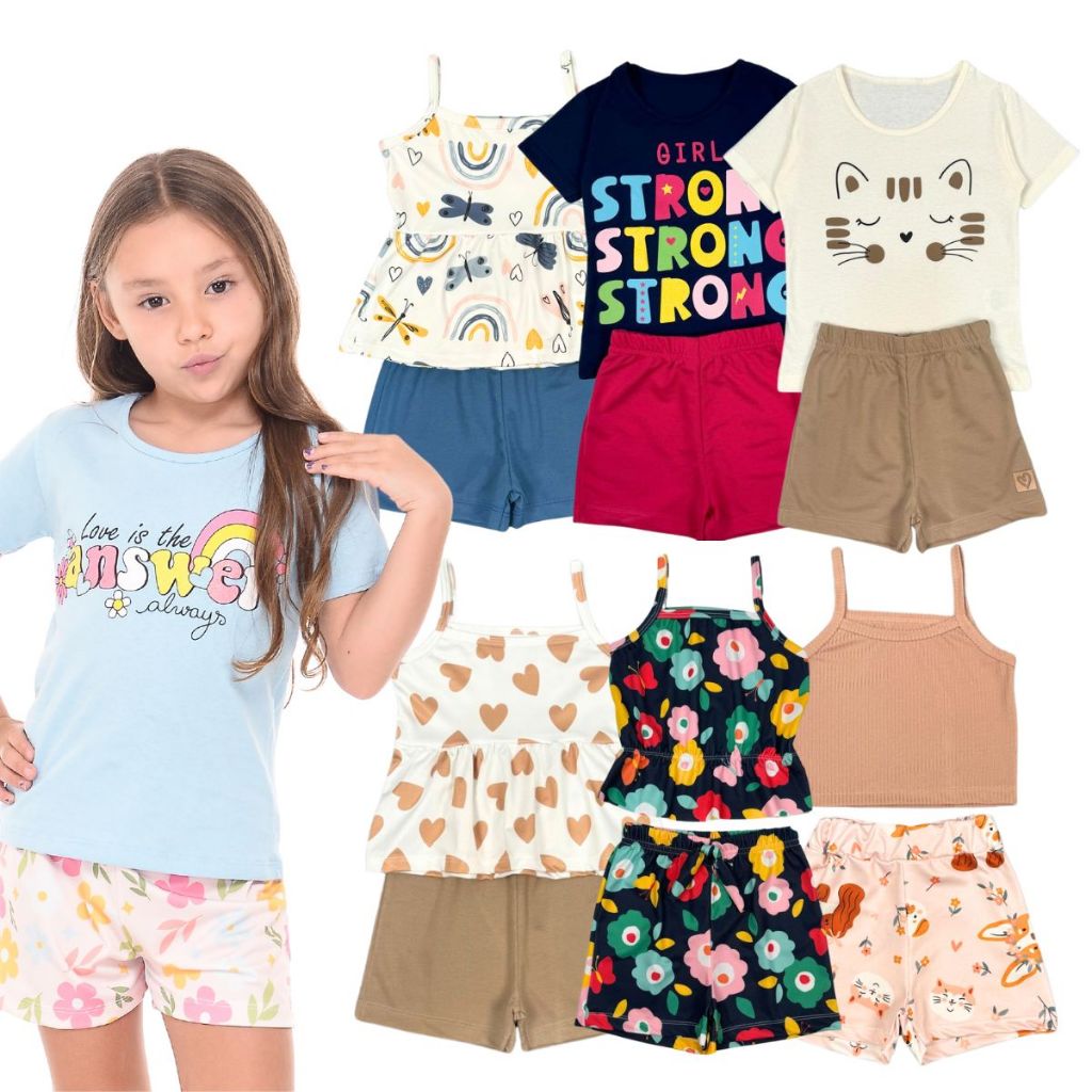 kit 10 peças 5 blusas + 5 shorts Infantil Menina Roupa Feminina Verão