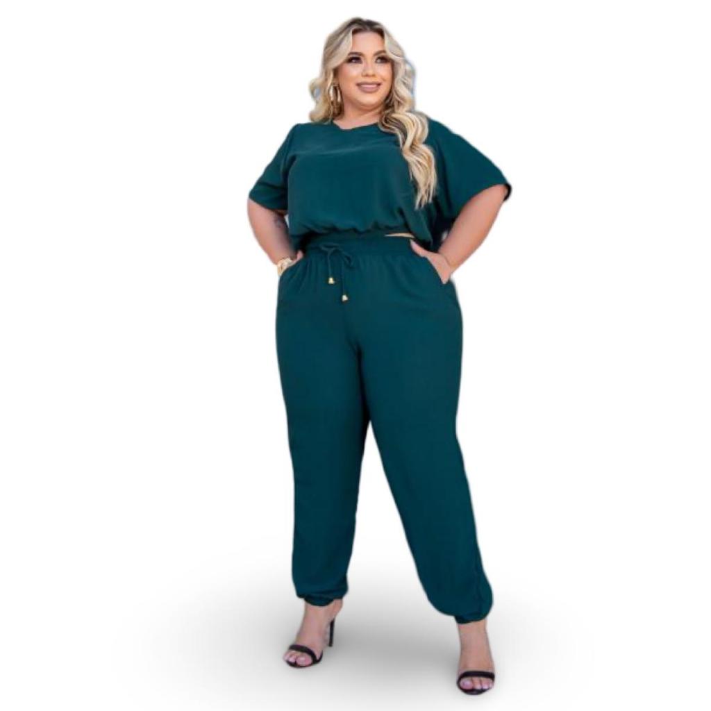 Conjunto plus size feminino calça jogger com FORRO + cropped blusa com mangas G1 G2 G3