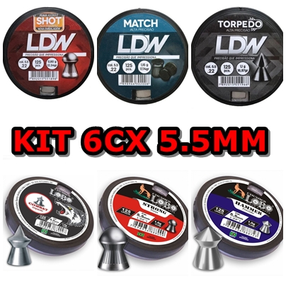 Kit 6 cx Chumbinhos 5.5mm LDW e LOBO Chumbo Pressão (Shot/Match/Torpedo/Strong/Combat/Hammer)