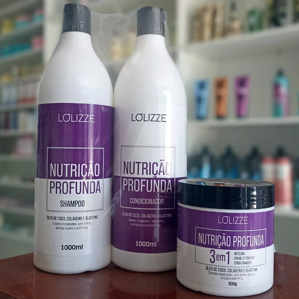 Kit Lolizze Shampoo, Condicionador Nutrição Profunda 1L e Máscara