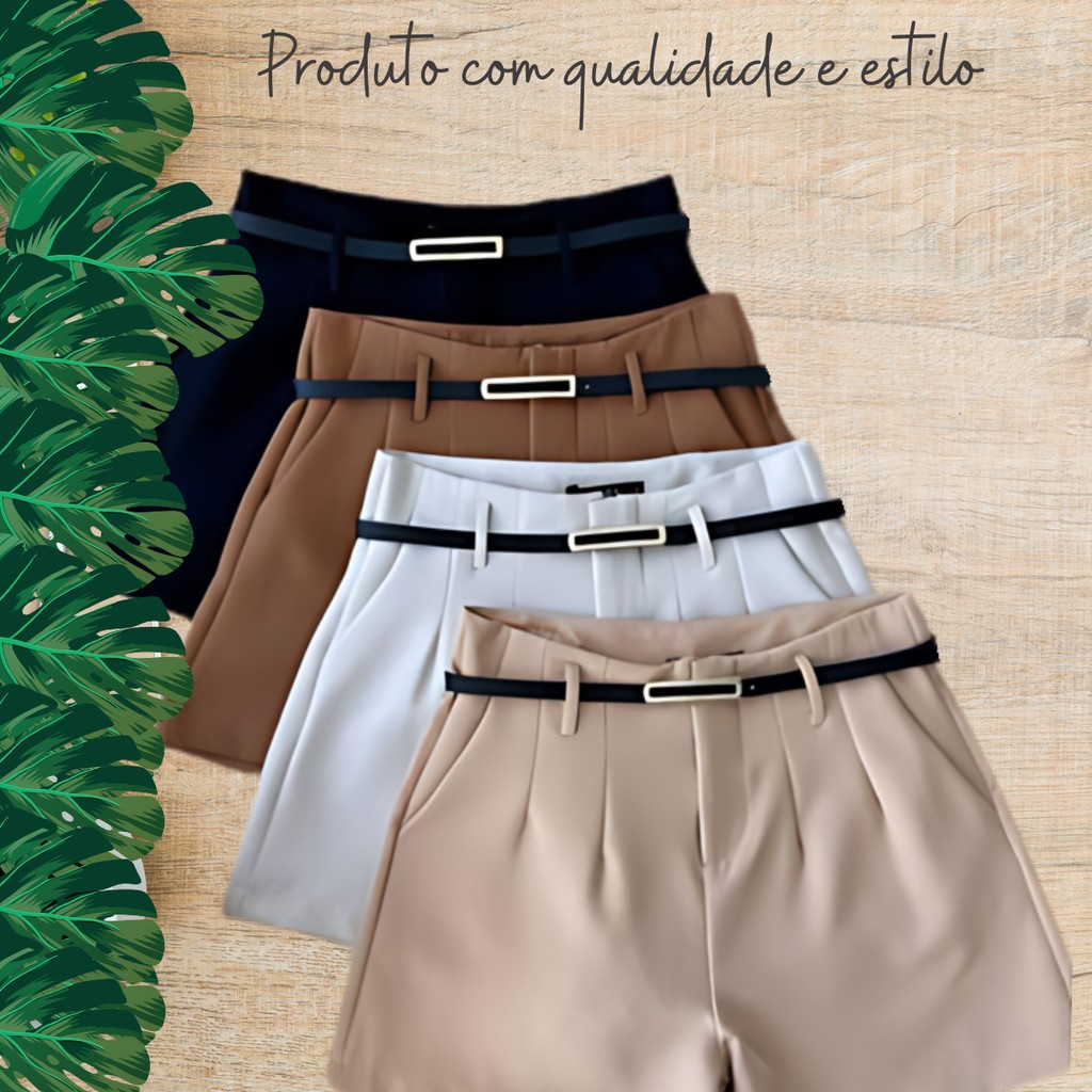 Short Alfaiataria Feminino Zara Social Cintura Alta Com Cinto de Couro ...