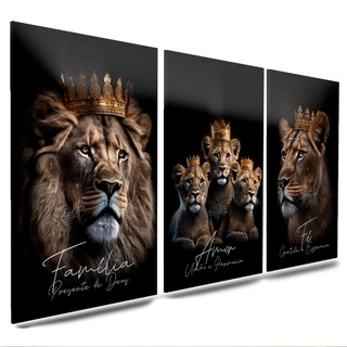 Quadro Decorativo Trio Família Leão 3 Filhotes Família Presente De Deus Amor União Harmonia Fé Gratidão Esperança Decoração Elegante Lançamento Exclusivo