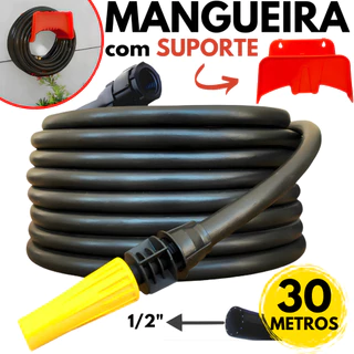Mangueira Jardim 30 Metros Grossa 1/2" Reforçada Resistente Flexivel Kit com Esguicho Conector Suporte de Parede Guardar