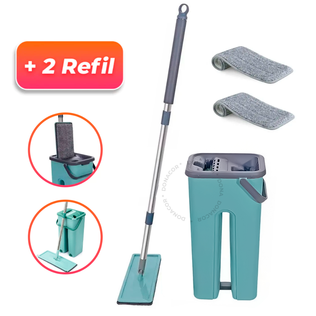 Flat Mop 2 Refis Esfregão Com Balde Rodo Mágico Lava Seca Tira Pó Envio Imediato Limpa Facíl