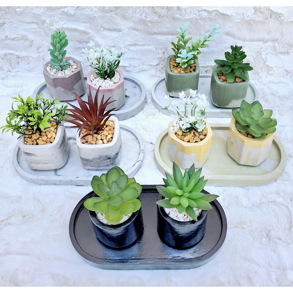 kit mini vasinho de cimento decorado ( 1 bandeja +2 vasinhos decorados com suculenta artificial)