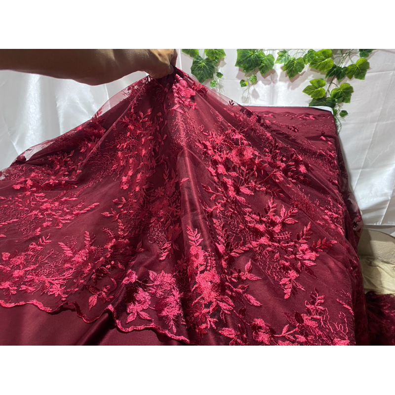 Renda tule bordado em flores ramadas marsala 0,5X1.35(MEIO METRO LINEAR ...