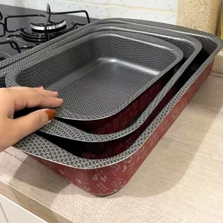 Kit 3 Formas Assadeiras Antiaderente Vermelha Cozinha Forno Torta Pizza Bolo Pão Sobremesa Receitas Festas Eventos Dia das Mães