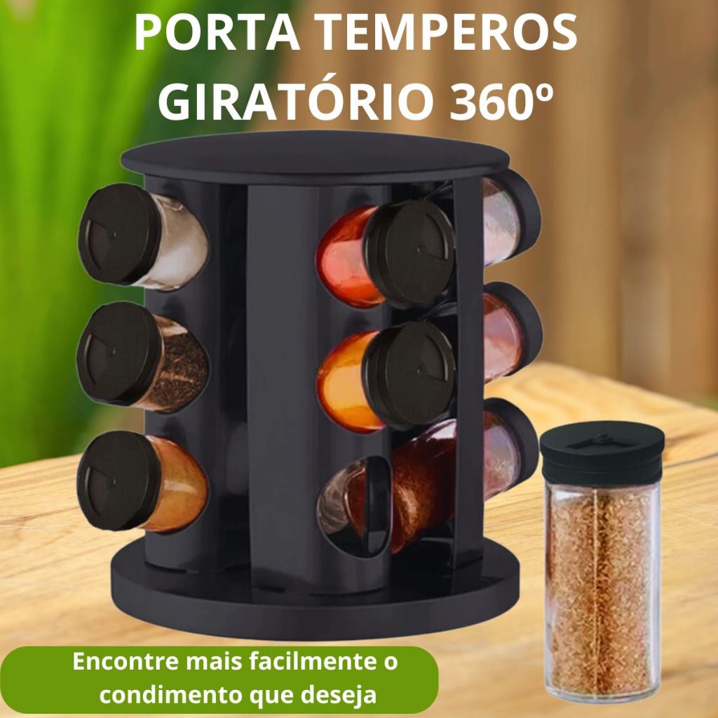 Porta Condimentos Temperos Base Giratória 360º De Vidro Tampa Dosadora