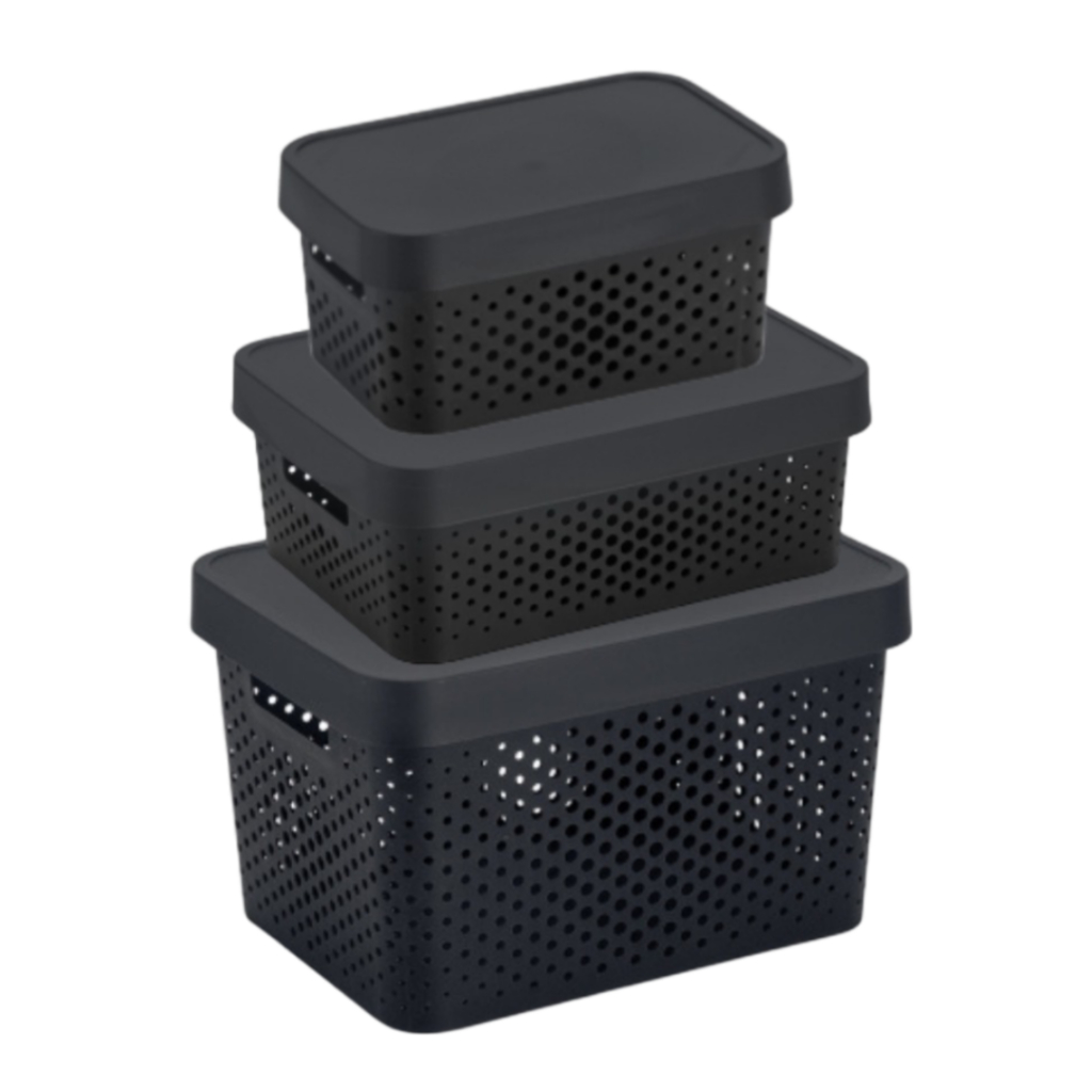 Jogo 3 Caixas Organizadoras 17L, 11L e 4,5L Circulare, Caixas Rattan de Plástico com Tampa