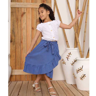 Saia Tipo Envelope Midi Infantil Juvenil Tecido Chambray Menina Moda Evangélica do 10 a 14