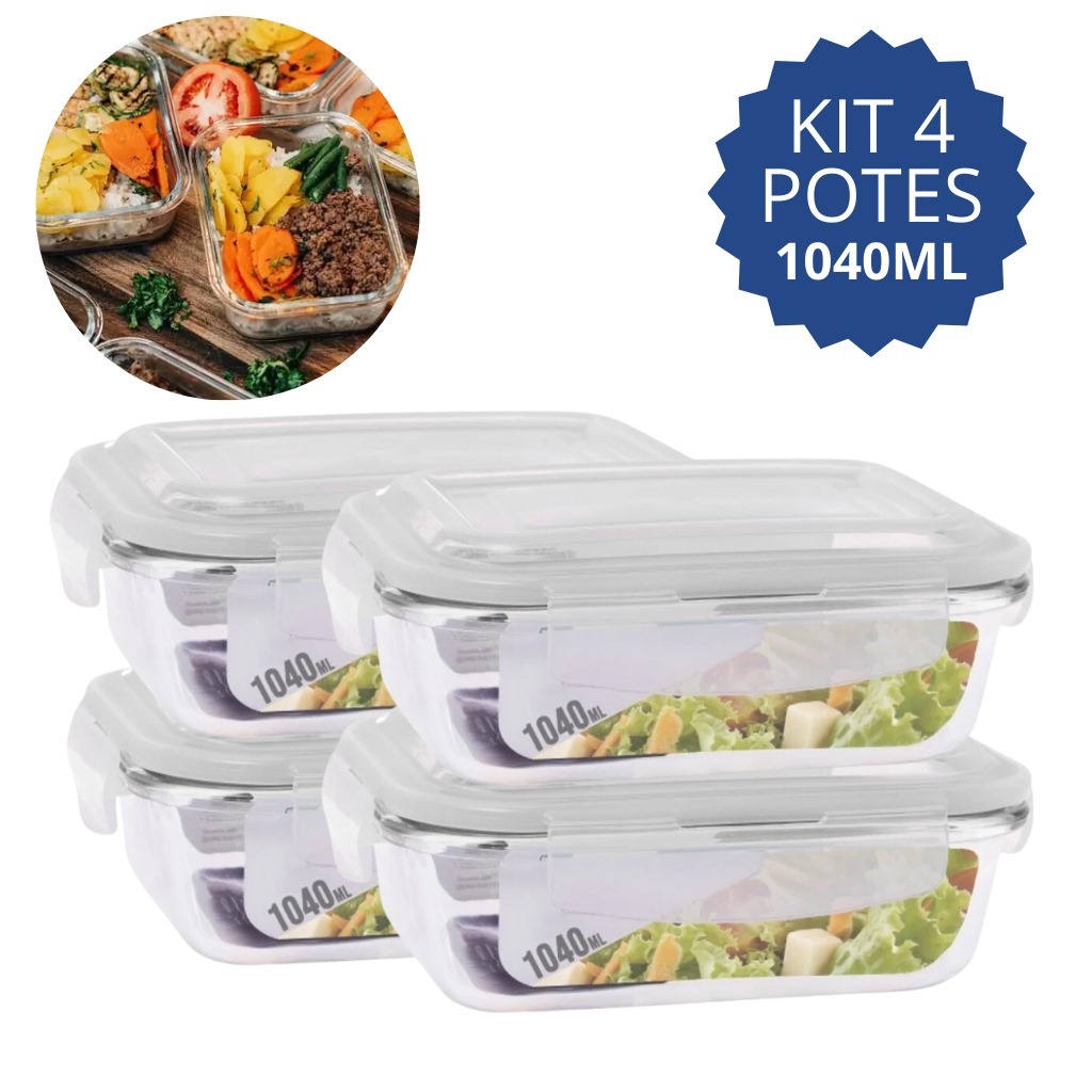 Kit 4 Potes De Vidro 1040 ML Hermético Marmita Com 4 Super Travas