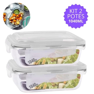 Kit 2 Potes De Vidro 1040 ML Hermético Marmita Com 4 Super Travas
