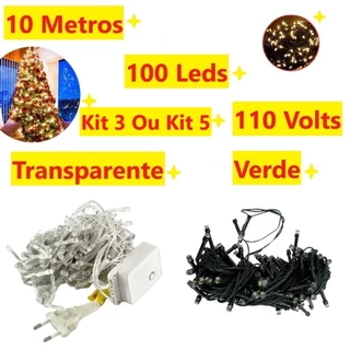 Kit 5 Ou 3 Caixa Pisca 100 Leds Fio Verde Ou Transparente 10M E 110V 8 Funções Natalino Decorativo