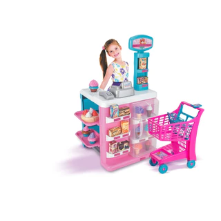 Mercadinho MIni Confeitaria Magica Brinquedo Infantil Criança Com Som Luz Caixa Registradora E Carrinho