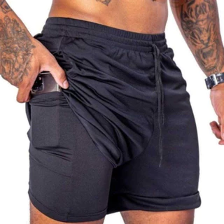 KIT 2 SHORTS MASCULINO COMPREENSÃO ACADEMIA 2 EM 1- BOLSO P/ CELULAR SUPORTE P/ TOALHA