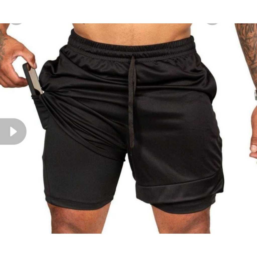 SHORTS MASCULINO COMPREENSÃO ACADEMIA 2 EM 1- BOLSO P/ CELULAR SUPORTE P/ TOALHA