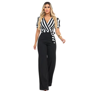 Macacão Feminino Listrado Manga Curta Pantalona Social Elegante chique com malha canelada decote em V moda feminina