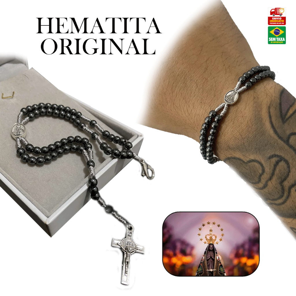 Pulseira Terço Nossa Senhora Aparecida Aço Inox Hematita Presente Unissex