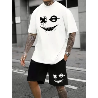 Conjunto Camiseta Básica Smile Manchado Masculina Algodão Camisa StreetWear + Bermuda Moletom Smile Manchado Short