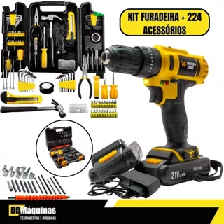 Kit Ferramentas Com 224 Peças + Furadeira Parafusadeira de Impacto 21V 2 Baterias - Titanium/Fasterr