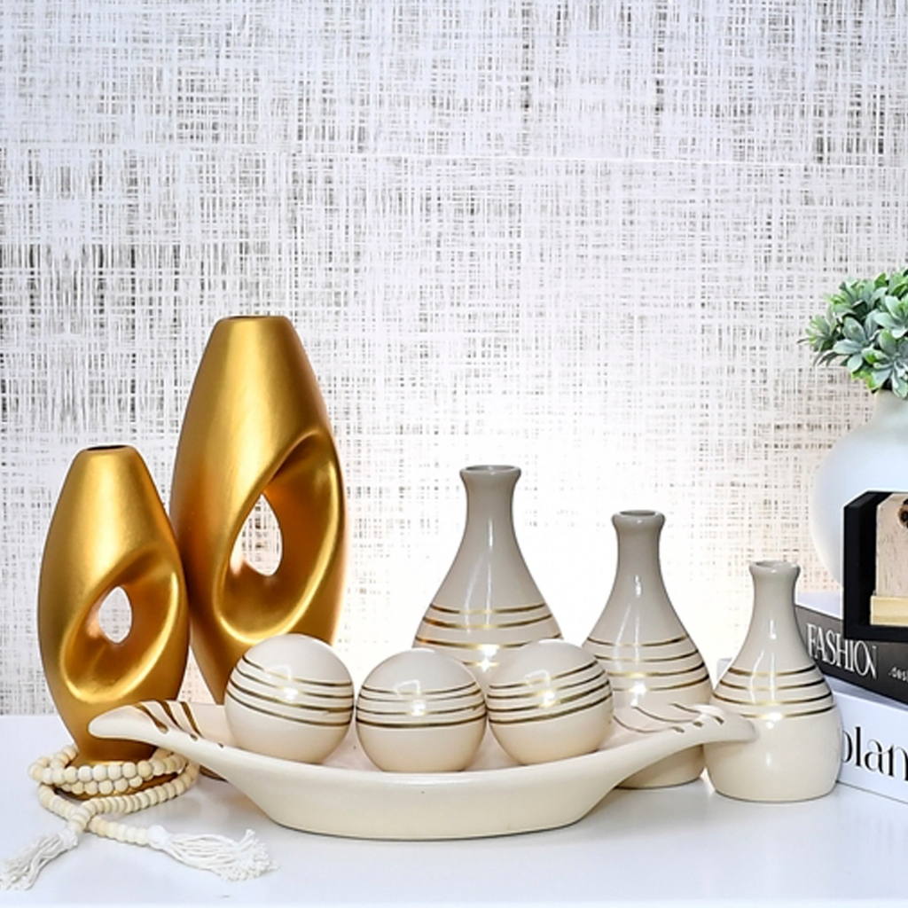 Kit Enfeites 9 Peças Vasos Cerâmica Sala Conjunto Elegante Decorativas ...